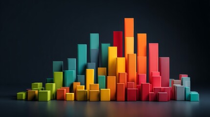 Poster - A vibrant D bar graph with colorful bars rising at various heights, displayed on a sleek dark background, showcasing data visualization in a modern business context.