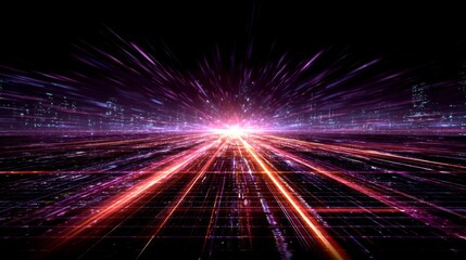 Poster - A vibrant light streak speeding through a futuristic grid-like space, creating an illusion of rapid movement and light-speed travel through a digital landscape