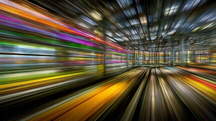 Poster - A vibrant light streak speeding through a futuristic grid-like space, creating an illusion of rapid movement and light-speed travel through a digital landscape