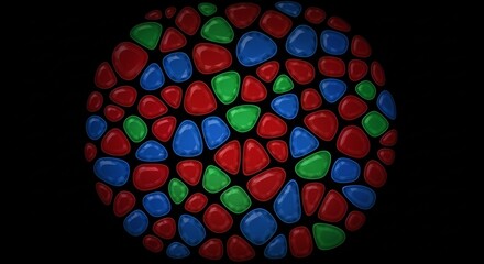 Poster - A spherical arrangement of red blue and green pebble like shapes on a black background creating a pattern