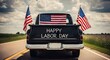 © moazam - Happy Labor Day – Roadside Sign and American Flag Car