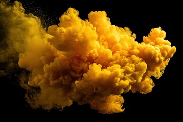 Poster - Vibrant yellow smoke explosion on dark background, striking sulfur cloud for artistic projects, dynamic element enhancing atmospheric designs and captivating visuals