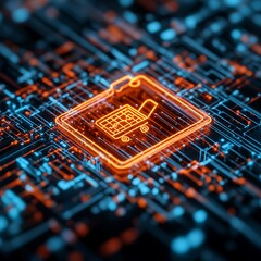 Poster - Neon Shopping Cart Icon on Digital Circuit Board Background with Bright Glowing Elements and Technology Theme