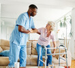 © Lumos sp - Doctor or nurse caregiver with senior woman using walker assistanece  at home or nursing home