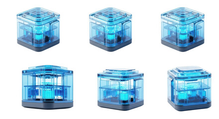 Blue futuristic transparent cubes arrayed on a white background showcasing technology or science concepts Likely used for digital art design or data visualization