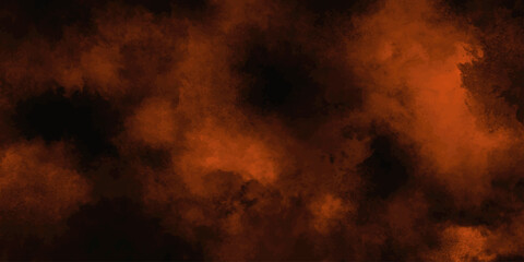 Wall Mural - Abstract black background with Orange smokes. Orange powder explosion on black background. Dark brown stained grungy background. Red fire particle burn effect. Grungy dark canvas background.