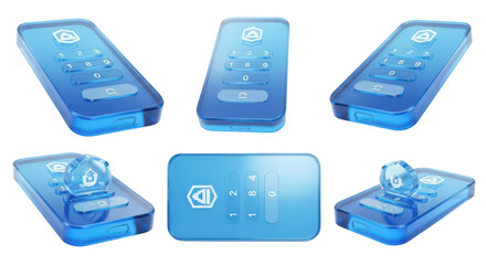 Blue futuristic phone with keypad interface unlocking data security against white background Illustrative