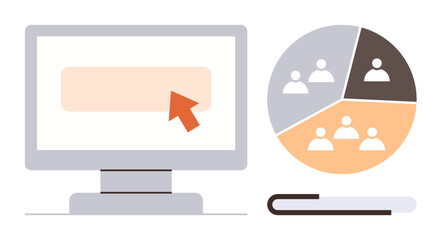 Poster - Computer screen with cursor over button, pie chart showing team segmentation, and book illustration. Ideal for data analysis, teamwork, business, education, research strategy presentation. Simple