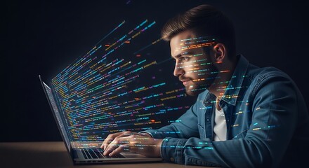 Young programmer intensely coding with a laptop at night illuminated by digital information