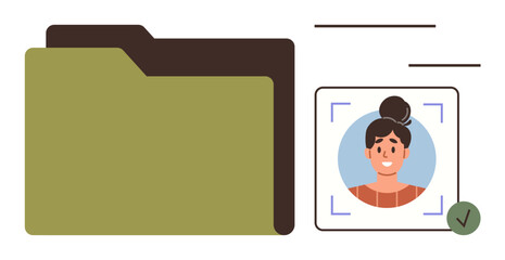 Poster - Large folder beside a users profile picture within a scanning frame. Green check mark confirms verification. Ideal for identity, profile approval, data security, filing, organization, biometrics