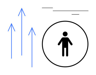 Poster - Black human figure inside a circle with vertical blue arrows pointing upward, symbolizing self-improvement and progress. Ideal for personal development, business growth, career success, achievement