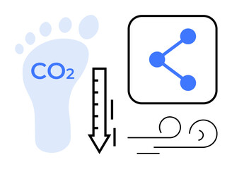 Poster - Blue carbon footprint, downward arrow, network connection icon, and swirling wind lines. Ideal for sustainability, eco-tech, climate action, emission reduction, environmental education clean energy