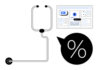 Poster - Workflow connection to a dashboard with charts, videos, and analytics. Large percentage symbol highlights insights. Ideal for data analysis, workflow, business growth, marketing strategy, performance
