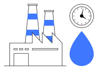 Poster - Industrial factory with two striped chimneys, clock representing time, and water drop emphasizing resource efficiency. Ideal for sustainability, production, time management, water conservation