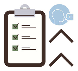 Poster - Clipboard with checklist, speech profile with scanning element, and upward arrows suggesting progress. Ideal for productivity, communication, organization, planning, analysis, self-improvement