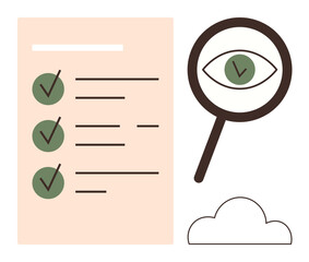 Poster - Checklist elements with green checkmarks, magnifying glass focusing on an eye, minimal white cloud. Ideal for productivity, task management, planning, organization, analysis, visibility