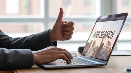 Person giving thumbs up while browsing job search website on laptop online computer