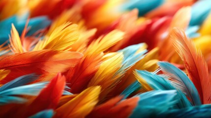 Poster - An artistically arranged display of colorful feathers creates a mesmerizing pattern, representing creativity, beauty, and a sense of freedom in a vibrant artistic expression.