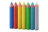 A row of colorful jumbo crayons with sharpened tips against a black background