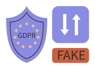 Poster - Shield with GDPR text and stars, up and down data arrows, Fake label. Ideal for data compliance, privacy, trust, security, communication misinformation digital ethics. Simple flat metaphor