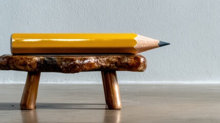 Poster - An artistic perspective of a large yellow pencil resting on a rustic wooden stool, reflecting creativity, simplicity, and innovative design in modern decor.