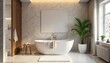 © Jame - Luxury bathroom decor with elegant freestanding bathtub, fluffy towels, and stylish accessories Perfect for spa-like ambiance and relaxation , home decor, minimalist