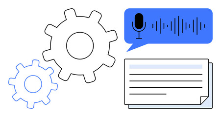 Poster - Microphone icon in speech bubble with soundwaves, gears symbolizing automation, and text document. Ideal for AI, machine learning, voice recognition, workflow optimization, automation, transcription