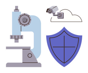 Poster - Microscope, surveillance camera on a cloud, and shield symbol. Ideal for science, technology, security, research, innovation data protection cybersecurity. Simple flat metaphor