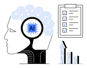 Poster - Human profile with AI chip, checklist for tasks, and growth diagram emphasizing technology, planning, and progress. Ideal for AI, productivity, analytics, organization education innovation simple