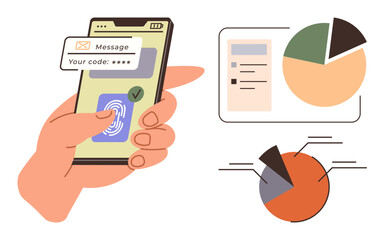 Poster - Hand using fingerprint authentication on smartphone, charts and graphs illustrating data insights. Ideal for security, technology, analytics, finance, business, productivity innovation. Simple flat