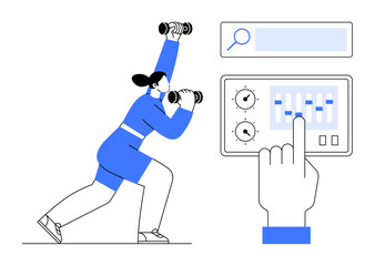 Poster - Woman lifting dumbbells in a lunge position, overlaying digital controls and search bar. Ideal for fitness, technology, smart apps, personal training, self-improvement, motivation, simple landing