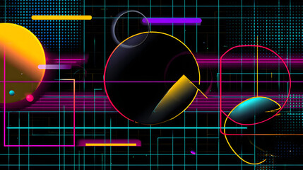 Poster - Neon Geometric Abstract: An abstract composition featuring a captivating dance of circles and lines, rendered in vibrant neon hues, creating a visually striking and modern aesthetic