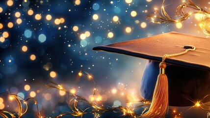 Poster - Graduation cap with golden tassel on a festive bokeh background celebrating academic success and the achievement of educational goals