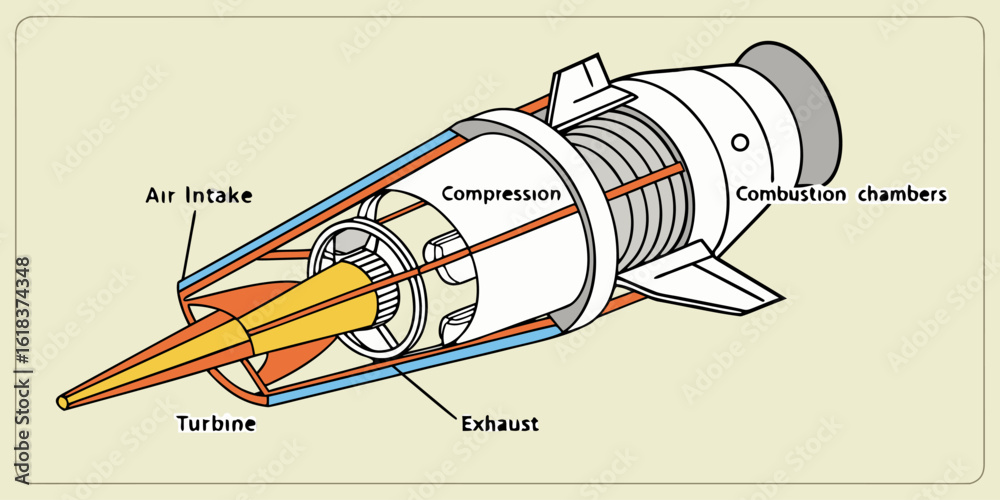 Infographic diagram showing how a jet engine works with labeled stages ...