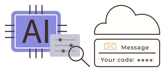 Poster - AI chip with microcircuits and sliders, magnifier, cloud, email message, and secure code access. Ideal for AI, cloud computing, data security email security encryption software technology. Simple