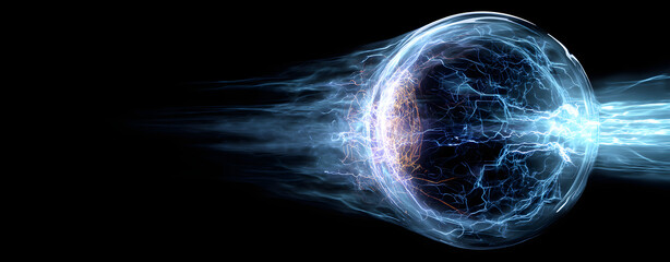 Poster - Energy sphere: A mesmerizing capture of a swirling energy sphere, radiating intense power and a futuristic aura against a deep, dark backdrop. The visual embodies concept of motion, transformation.