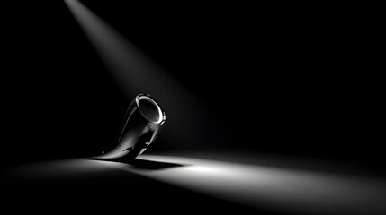 Poster - The Trumpet in the Spotlight: A trumpet sits gracefully bathed in a beam of light, its metallic curves highlighted against a dark backdrop. An artistic photograph that evokes music, artistry.
