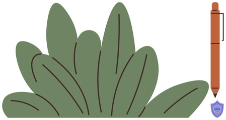 Poster - Green bush with large detailed leaves and a structured outline next to a sleek brown pen featuring a purple shield emblem. Ideal for education, eco projects, stationery branding, security