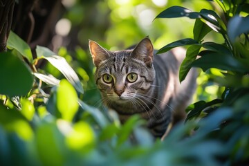 Wall Mural - A tabby cat with striking green eyes is peering attentively through lush green leaves, its face partially illuminated by sunlight in a natural outdoor setting