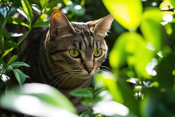 Wall Mural - A tabby cat with striking green eyes is peering attentively through lush green leaves, its face partially illuminated by sunlight in a natural outdoor setting