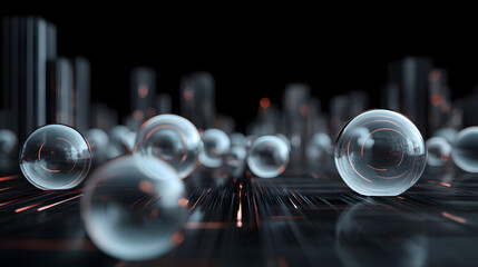 Poster - Transparent Spheres: An artistic composition features glistening transparent spheres scattered across a futuristic landscape, evoking a sense of depth and geometric elegance.