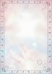pastel colored sky background with a border of zodiac signs and constellations featuring taurus, gem