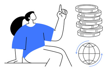 Poster - Person sitting with raised finger, stack of coins, globe with arrows. Ideal for finance, economics, investment, global trade, education decision-making goal-setting. Simple flat metaphor