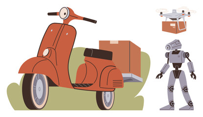 Aufkleber - vintage scooter and package, drone delivering box, humanoid robot aiding logistics. ideal for innova