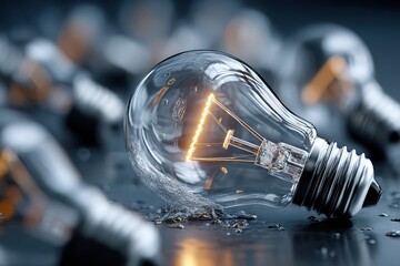 Poster - Glowing light bulb surrounded by broken bulbs on a reflective surface in a dimly lit environment