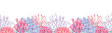 Sea corals, seaweed with stones. Seamless coral reef border. Watercolor and marker illustrations. Hand drawn isolated image. Underwater animals banner for kids room, shower, guidebook.