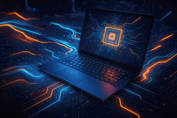 Poster - Advanced laptop showcasing intricate circuitry and a glowing processor, symbolizing modern technology and connectivity in a digital era