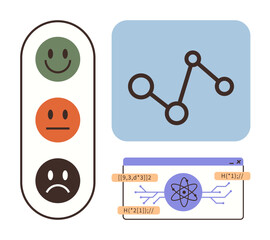 Poster - happys for feedback, graph depicting data trends, science formula, and connection nodes. Ideal for science, feedback, analysis, education, data tracking innovation and simple flat metaphor