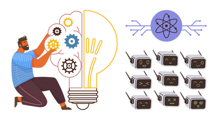 Poster - Man assembles gears inside lightbulb next to AI-powered robot heads and atom-tech node. Ideal for innovation, engineering, AI, robotics, creativity, technology, problem-solving themes. Modern simple