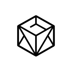 Poster - A geometric cube with triangular facets and an open top rendered in a minimalist black outline style design
